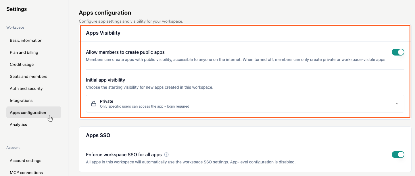 Configuring the app visibility in your workspace