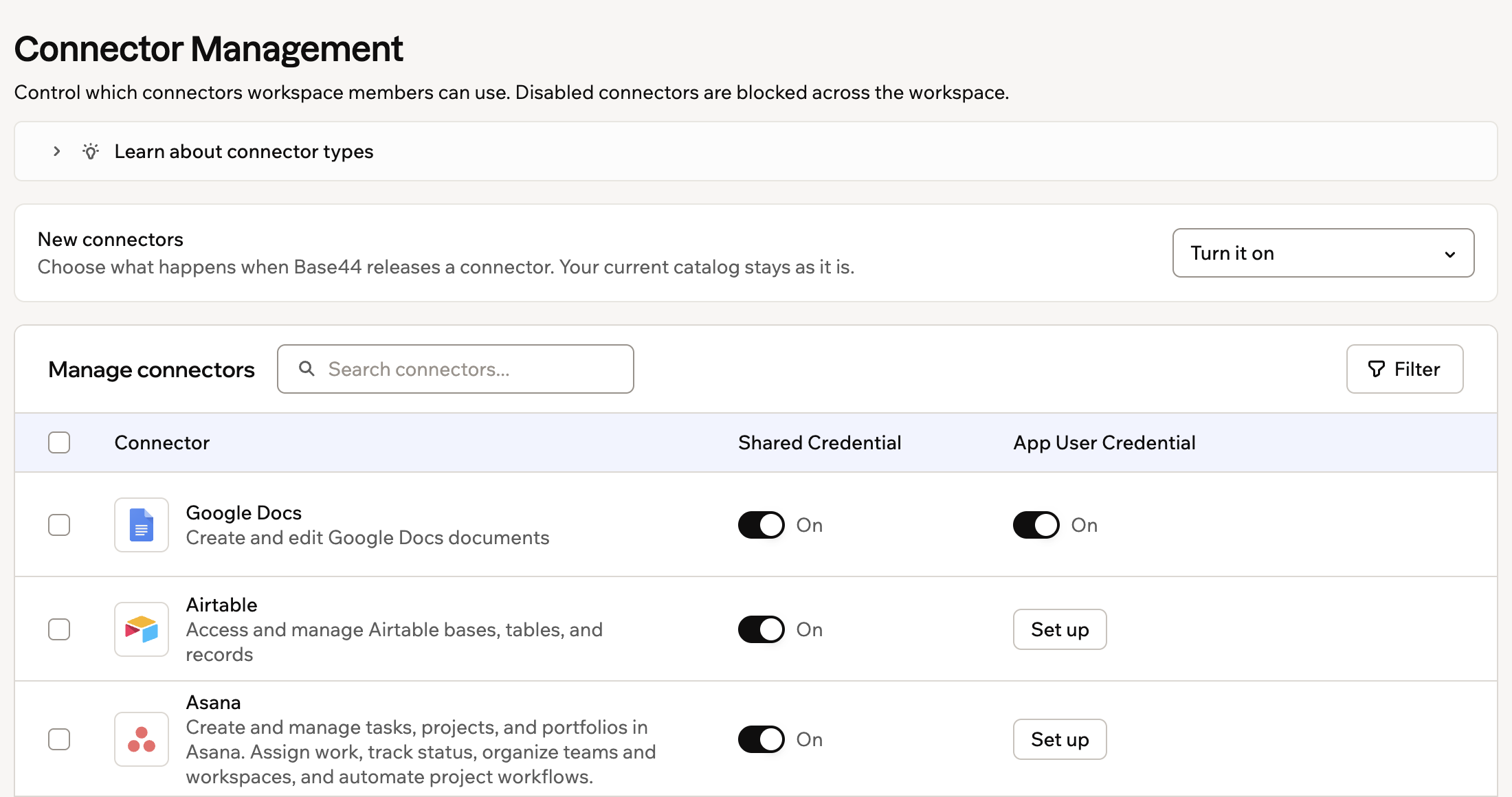 Connector Management with the New connectors setting and the Shared Credential and App User Credential toggles