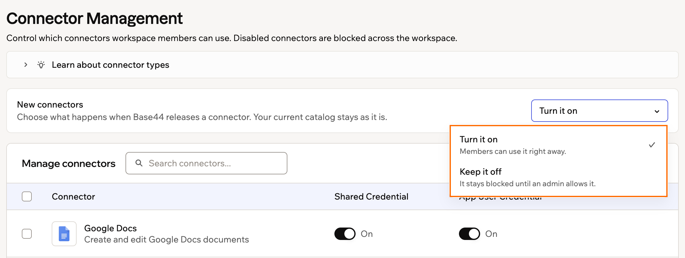 The New connectors dropdown open on Connector Management, showing Turn it on and Keep it off