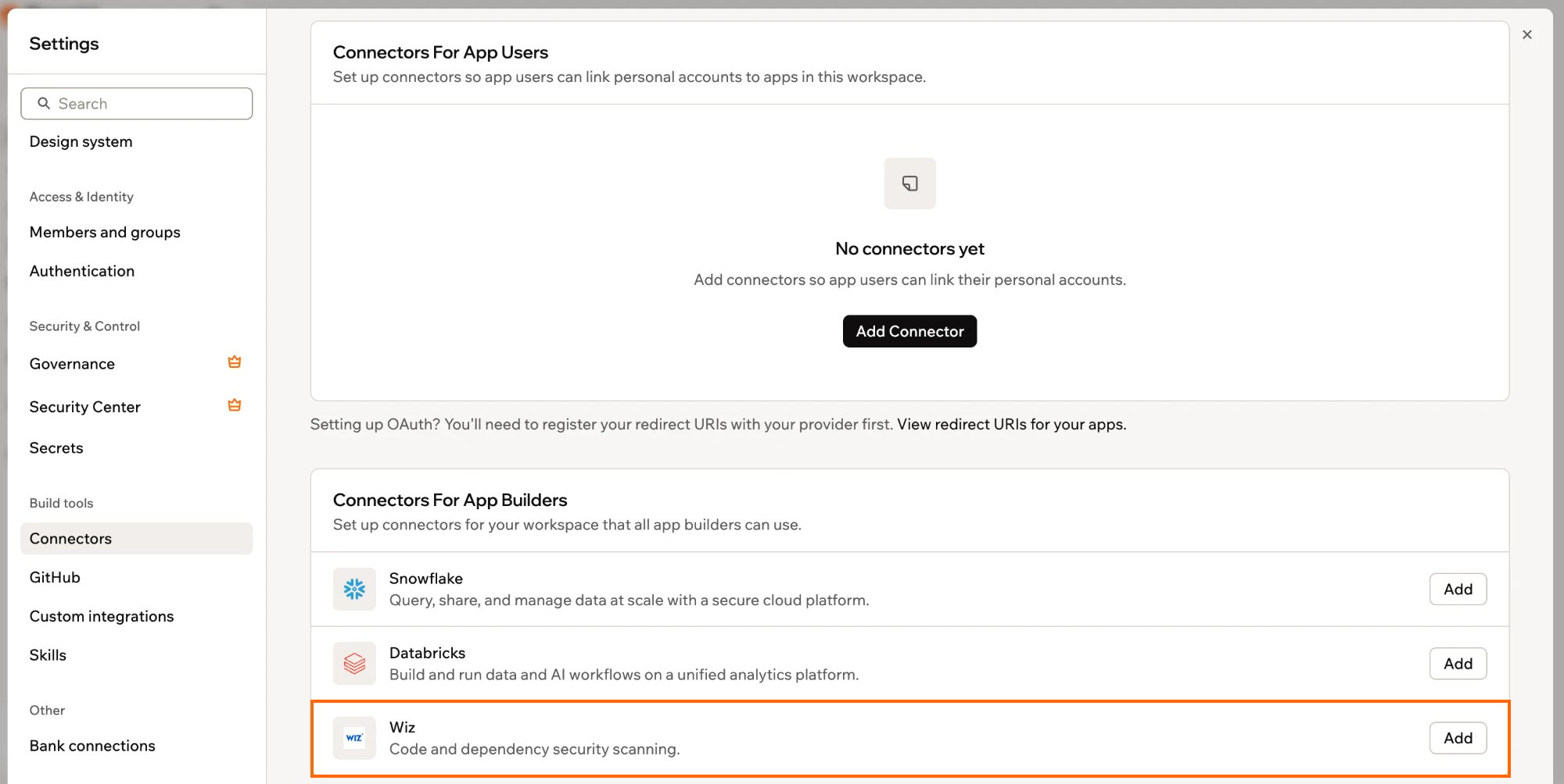 The Wiz connector listed under Connectors For App Builders with an Add button