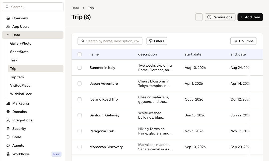 Uno screenshot di una tabella Trip nella pagina Data, con una riga per ogni viaggio e colonne per i suoi campi
