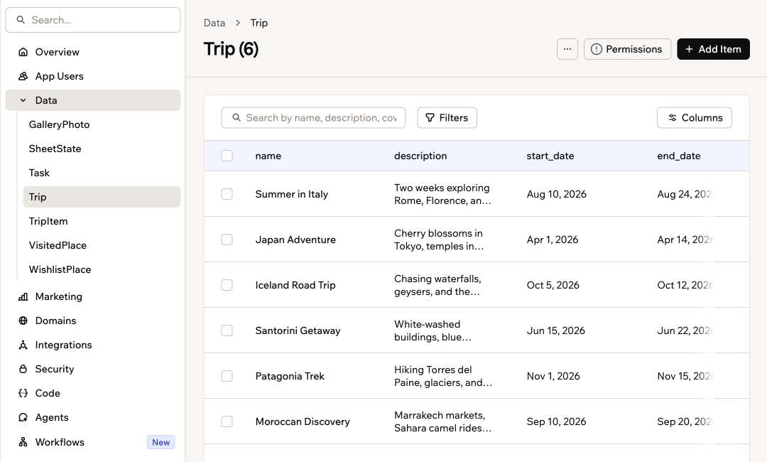 Uno screenshot di una tabella Trip nella pagina Data, con una riga per ogni viaggio e colonne per i suoi campi