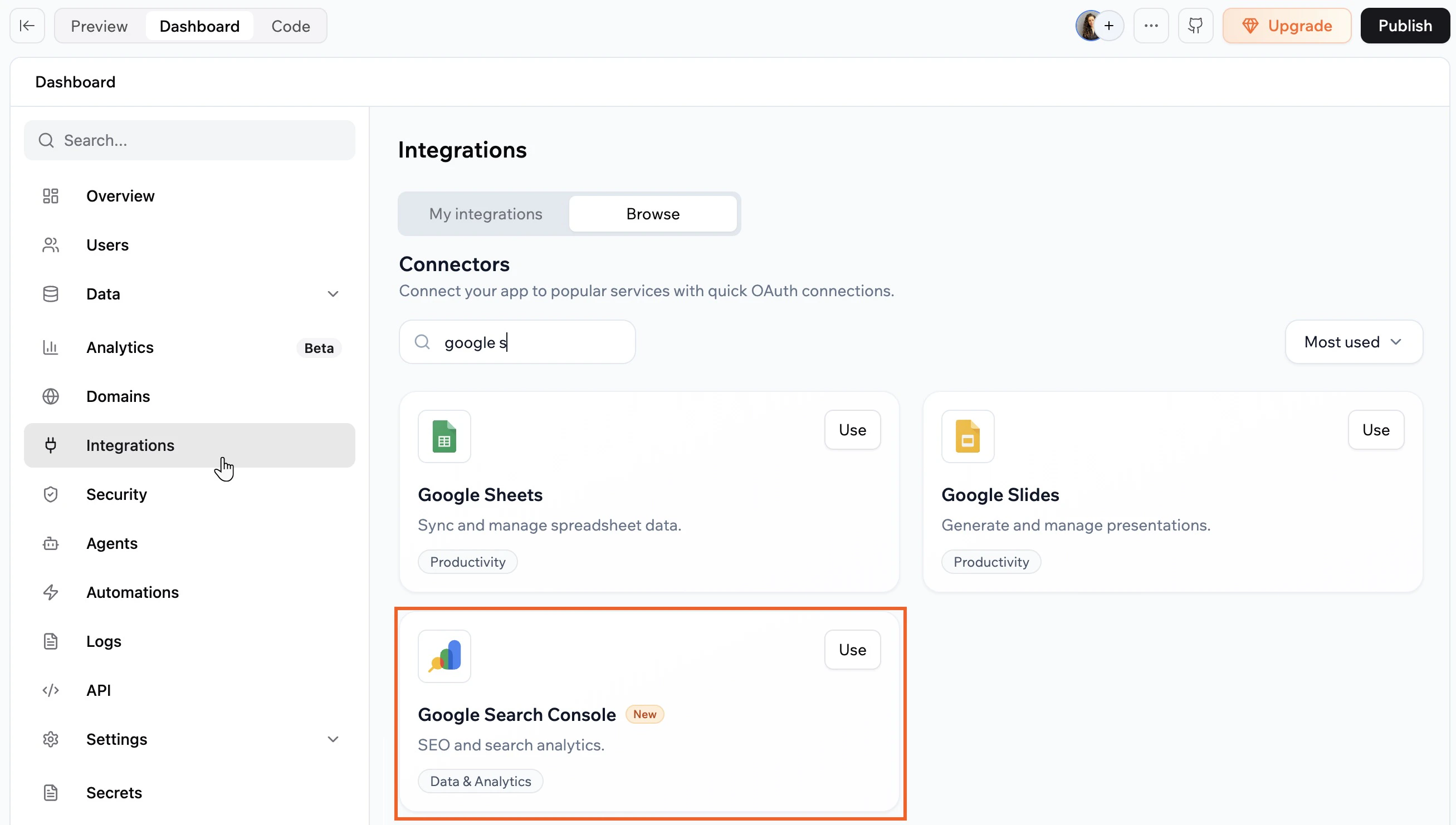 Connecting GSC from your app's dashboard