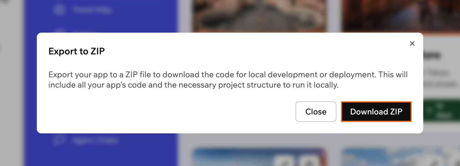 A screenshot of the Export to ZIP window in the app editor with the Download ZIP button outlined