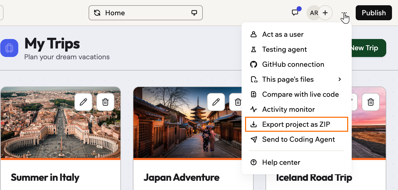 A screenshot of the More actions menu in the app editor with Export project as ZIP outlined