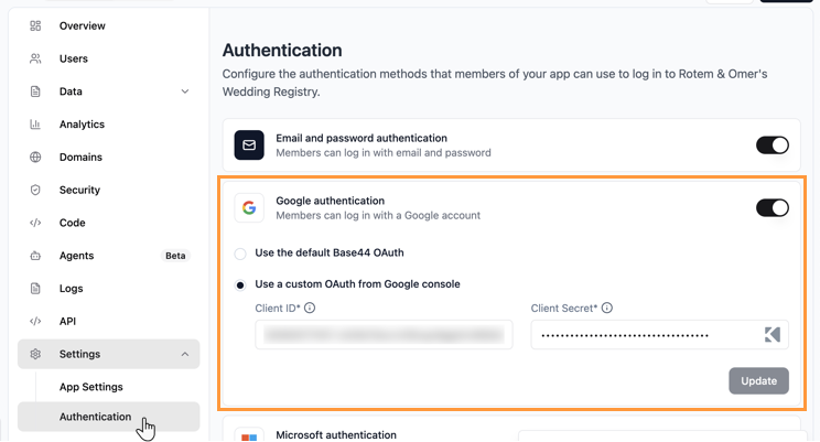 Setting up custom Google OAuth in Base44