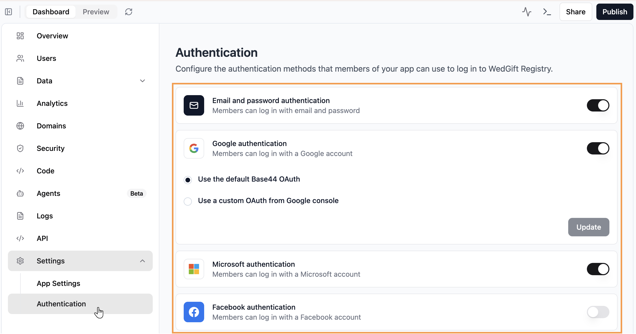 Authentication methods in the app's dashboard.