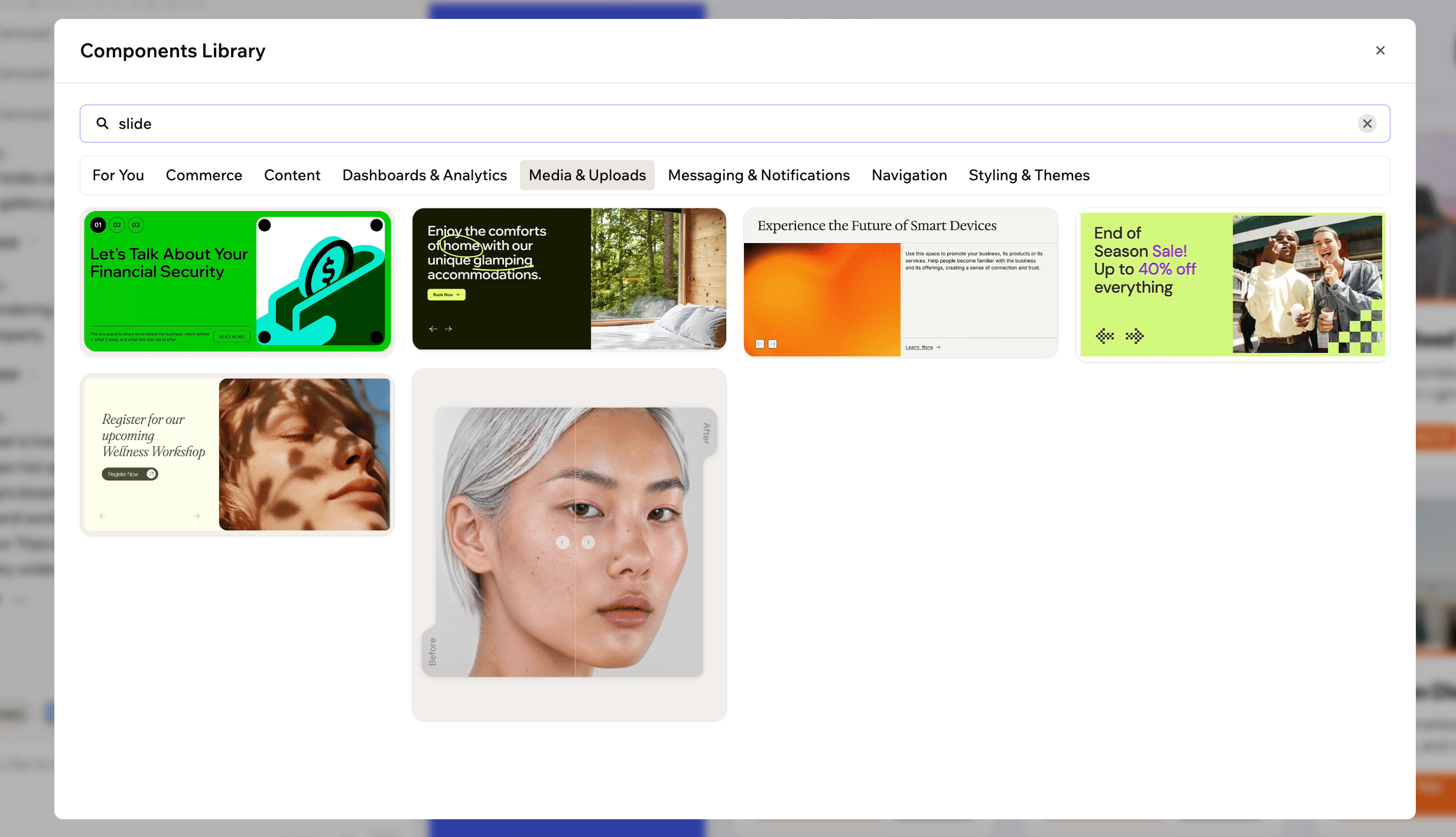 The components library window with a search bar, category tabs, and a grid of components
