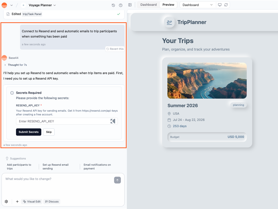 Connecting an integration to your Base44 app using the AI chat
