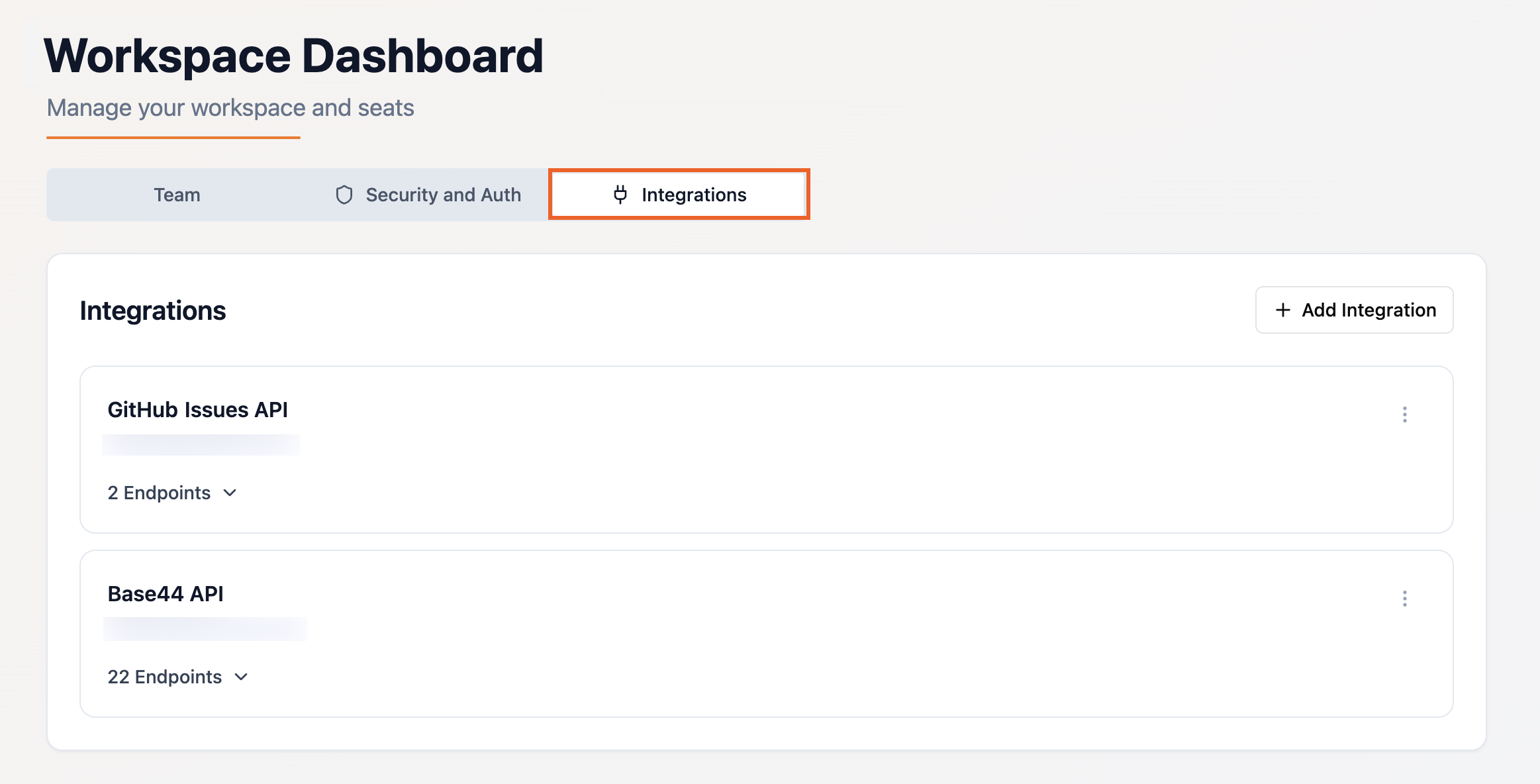 A screenshot of the workspace dashboard with the Integrations tab selected, showing existing workspace integrations