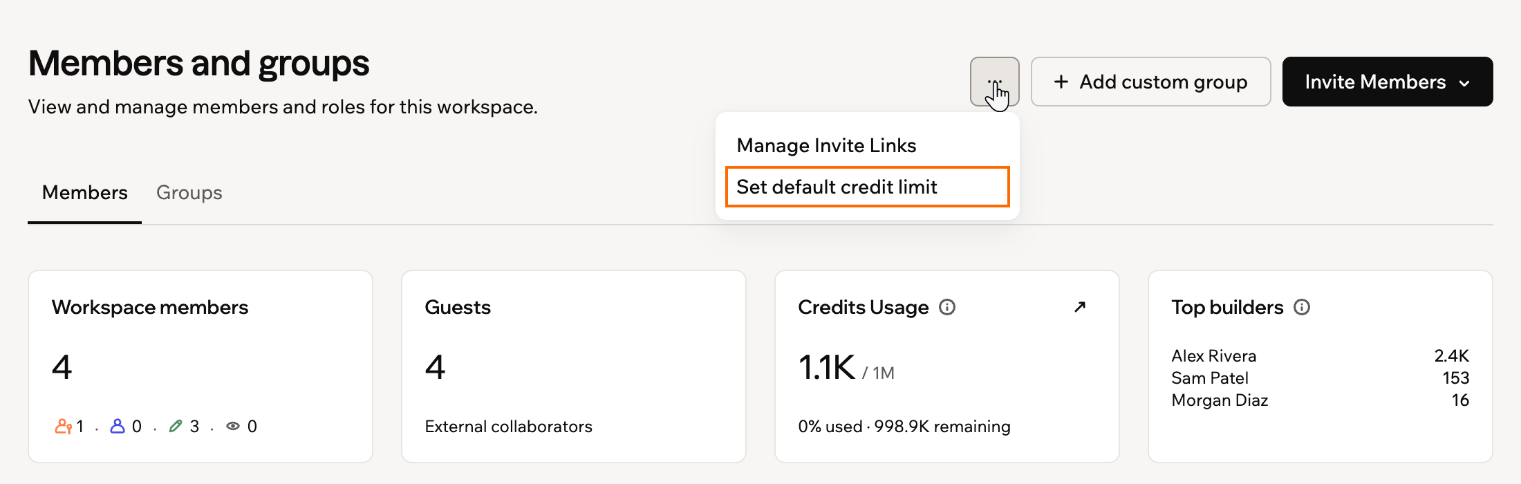 La opción Set default credit limit en la pestaña Members en Members and groups