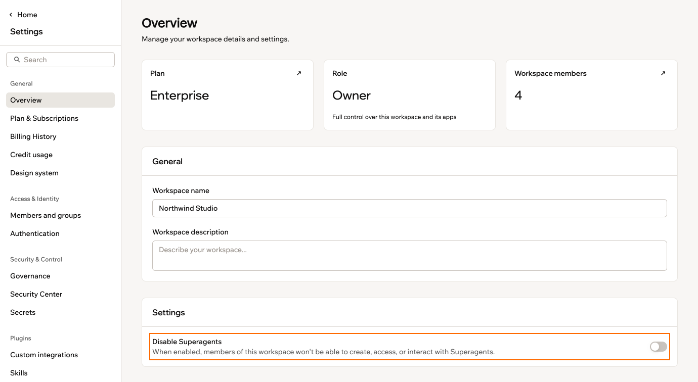 Uno screenshot della pagina Overview del workspace con l'interruttore Disable Superagents evidenziato