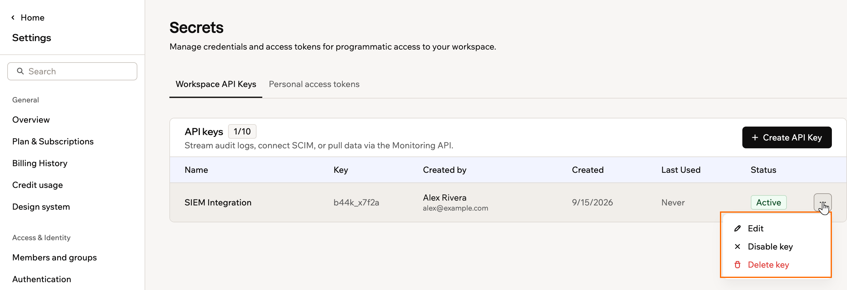 A screenshot of an API key's More actions menu with Edit, Disable key and Delete key