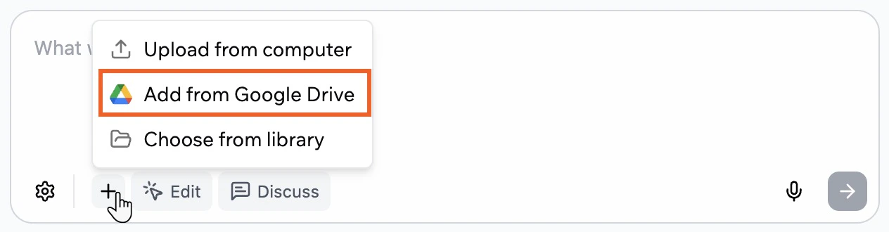 Adding files from Google Drive to the AI chat in dark mode