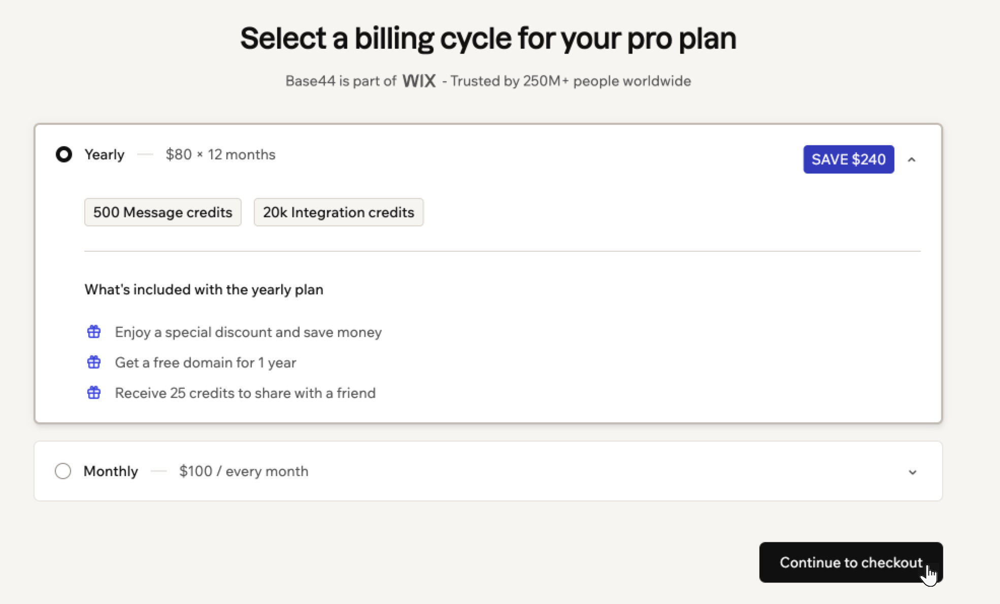 A screenshot of the billing cycle options for the Pro plan, with the cursor on Continue to checkout