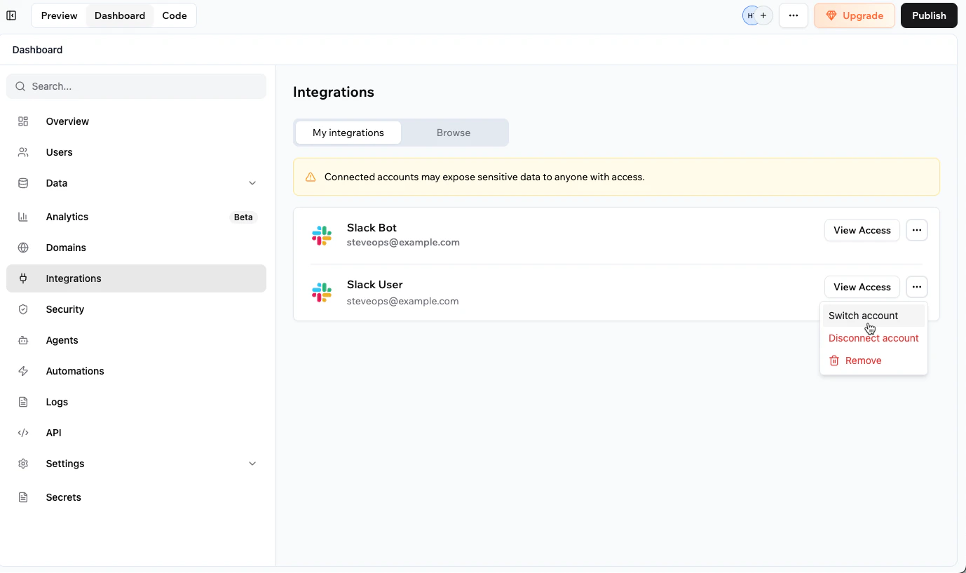 My Integrations tab in light mode Managing your Slack connectors in the My integrations tab (light mode)