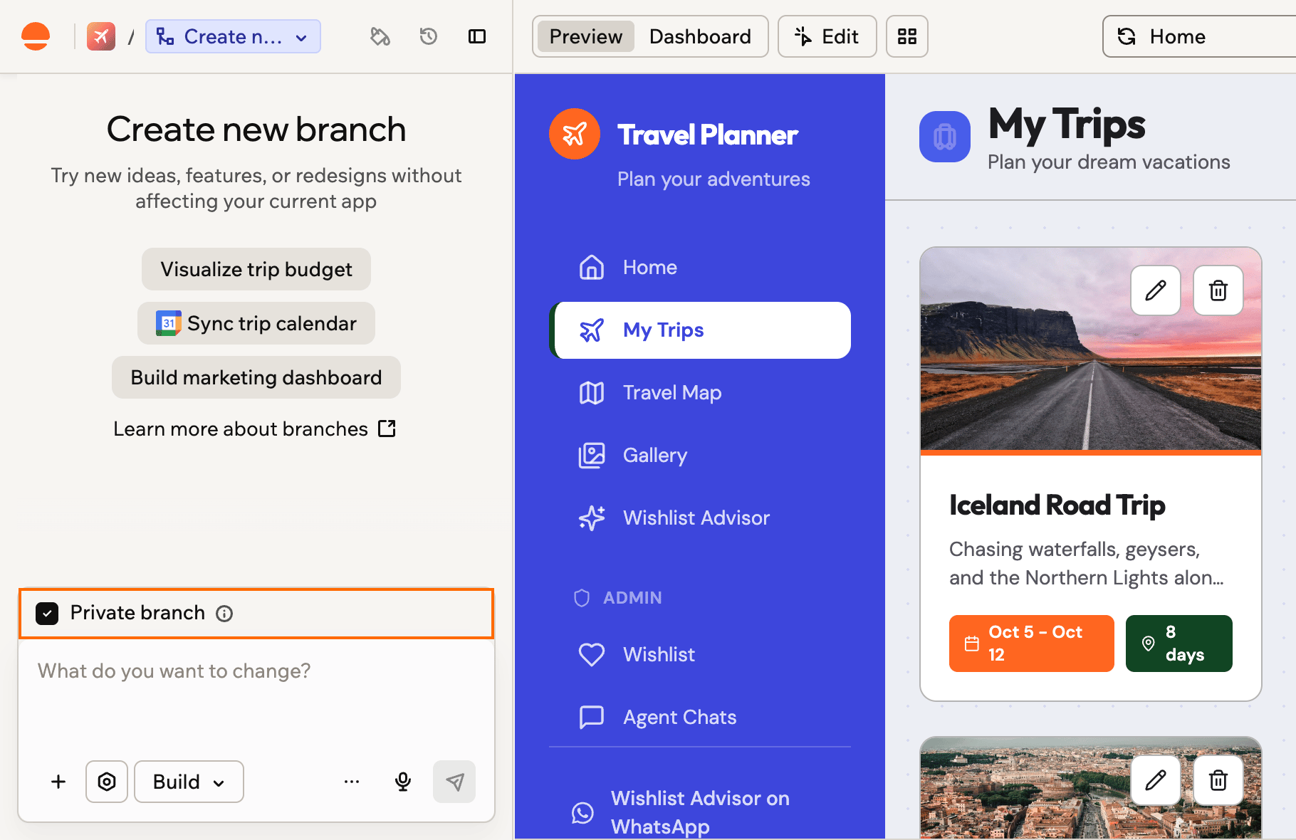 A screenshot of the Create new branch screen in the chat panel, with Private branch selected and outlined above the chat box