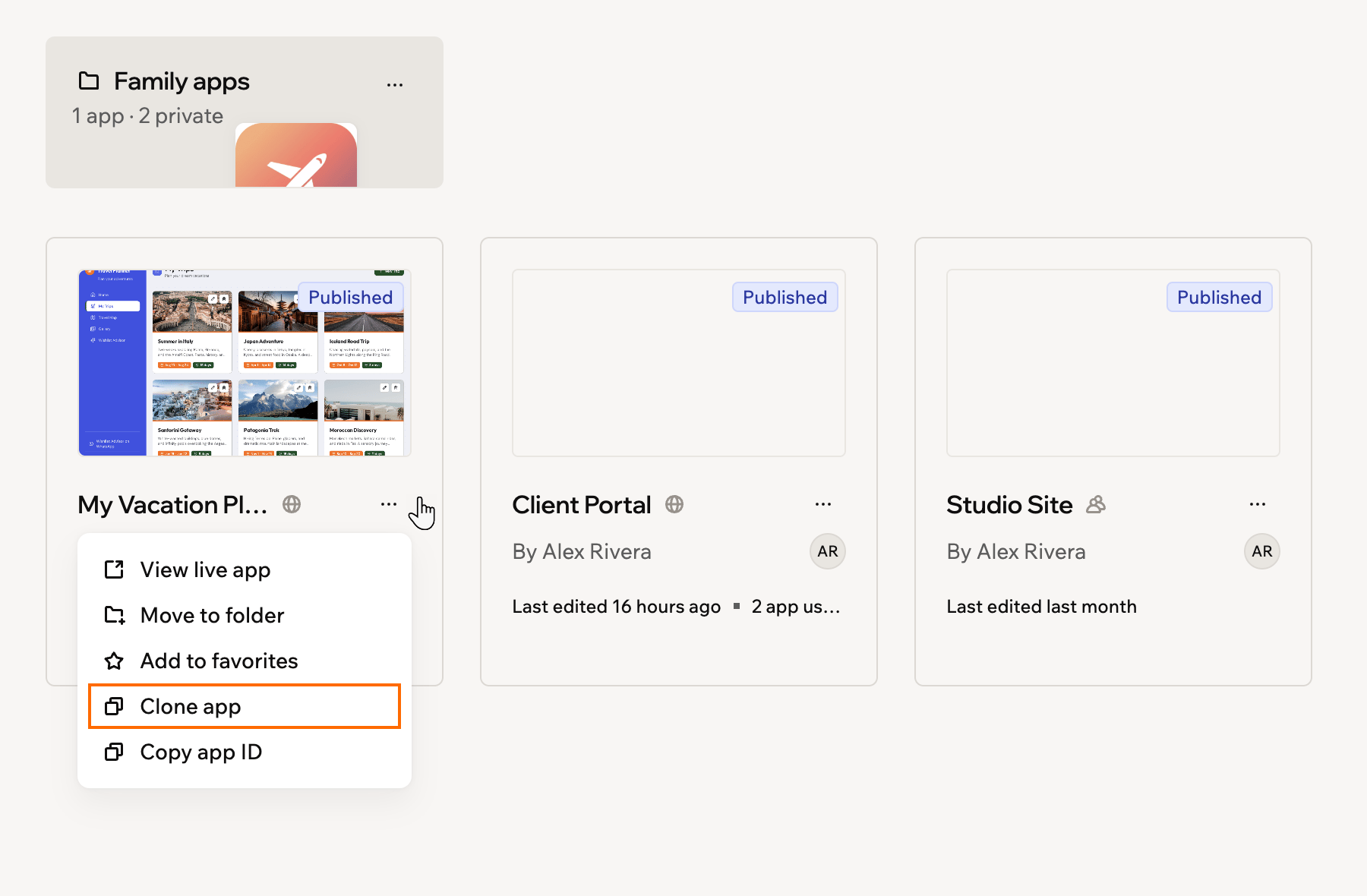 A screenshot of an app card's More Actions menu with Clone app outlined
