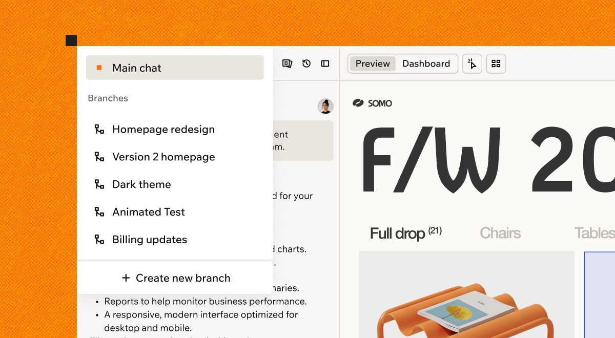 The branch menu listing several branches next to an app preview
