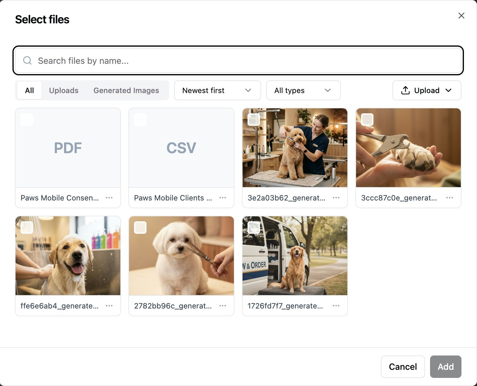 The file library showing uploaded and generated images