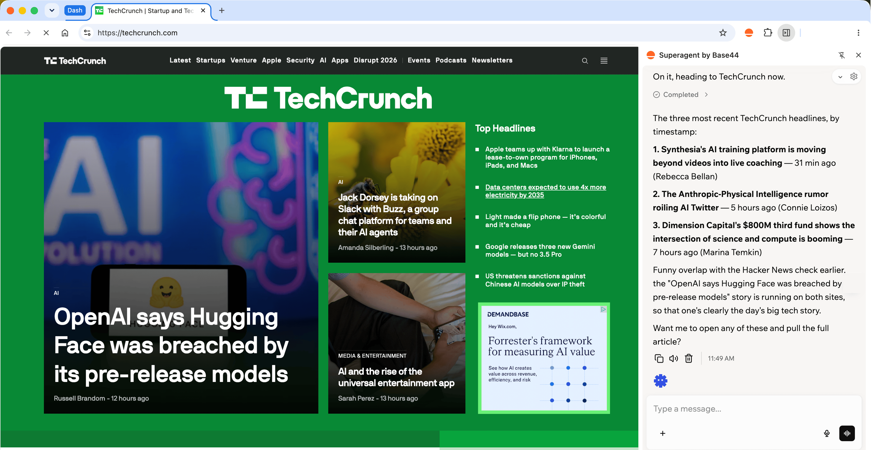 The Base44 Superagent working in Chrome while displaying the conversation in the extension side panel.