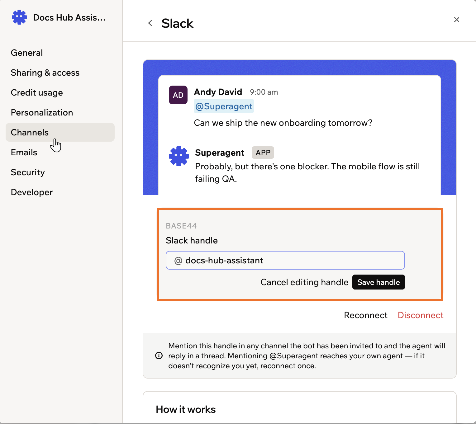 The Slack channel settings with the Slack handle field open, showing the handle, Cancel editing handle, and Save handle