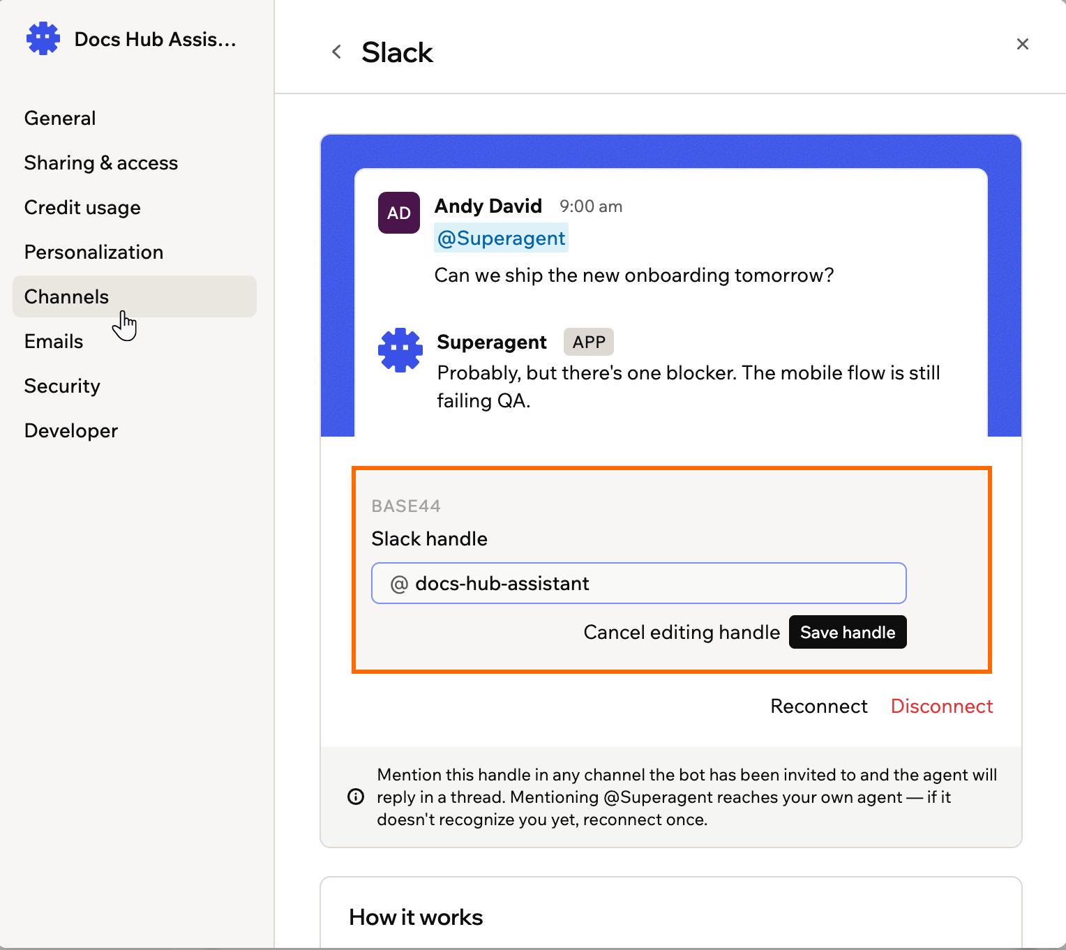 The Slack channel settings with the Slack handle field open, showing the handle, Cancel editing handle, and Save handle