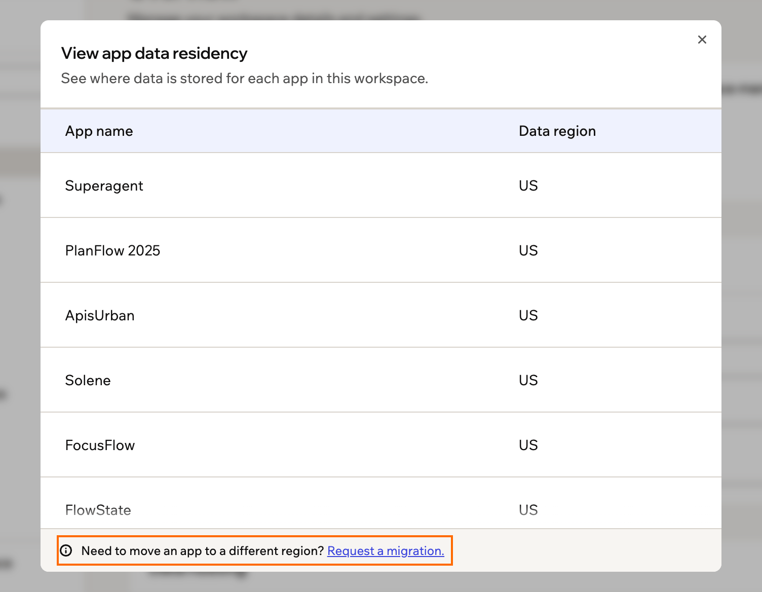 The View app data residency window listing each app's data region, with the Request a migration line outlined