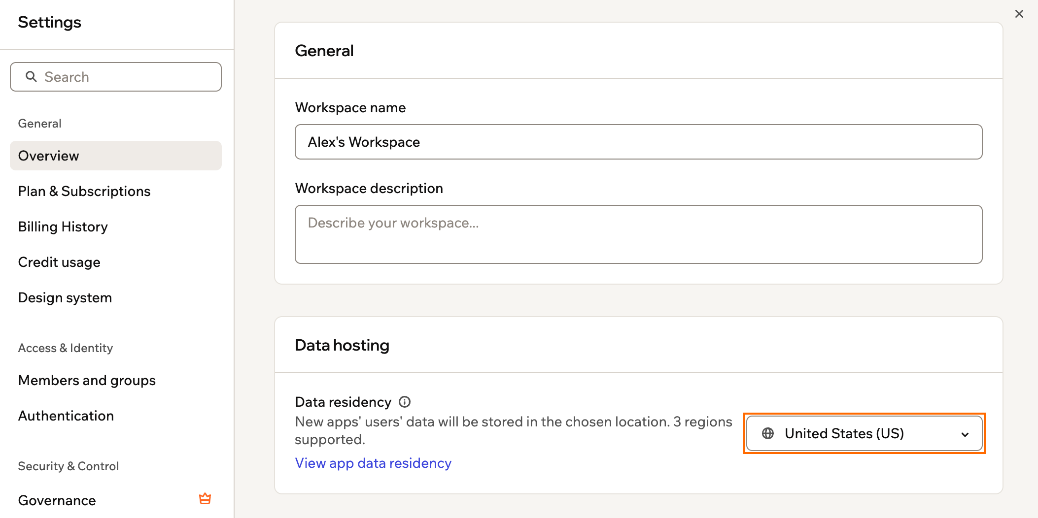 Workspace settings Overview with the Data residency list outlined under Data hosting