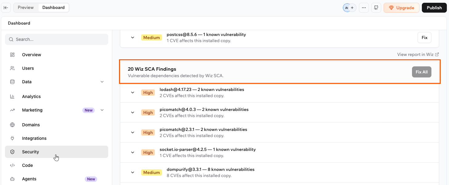 Wiz SCA and SAST findings on the app's Security tab