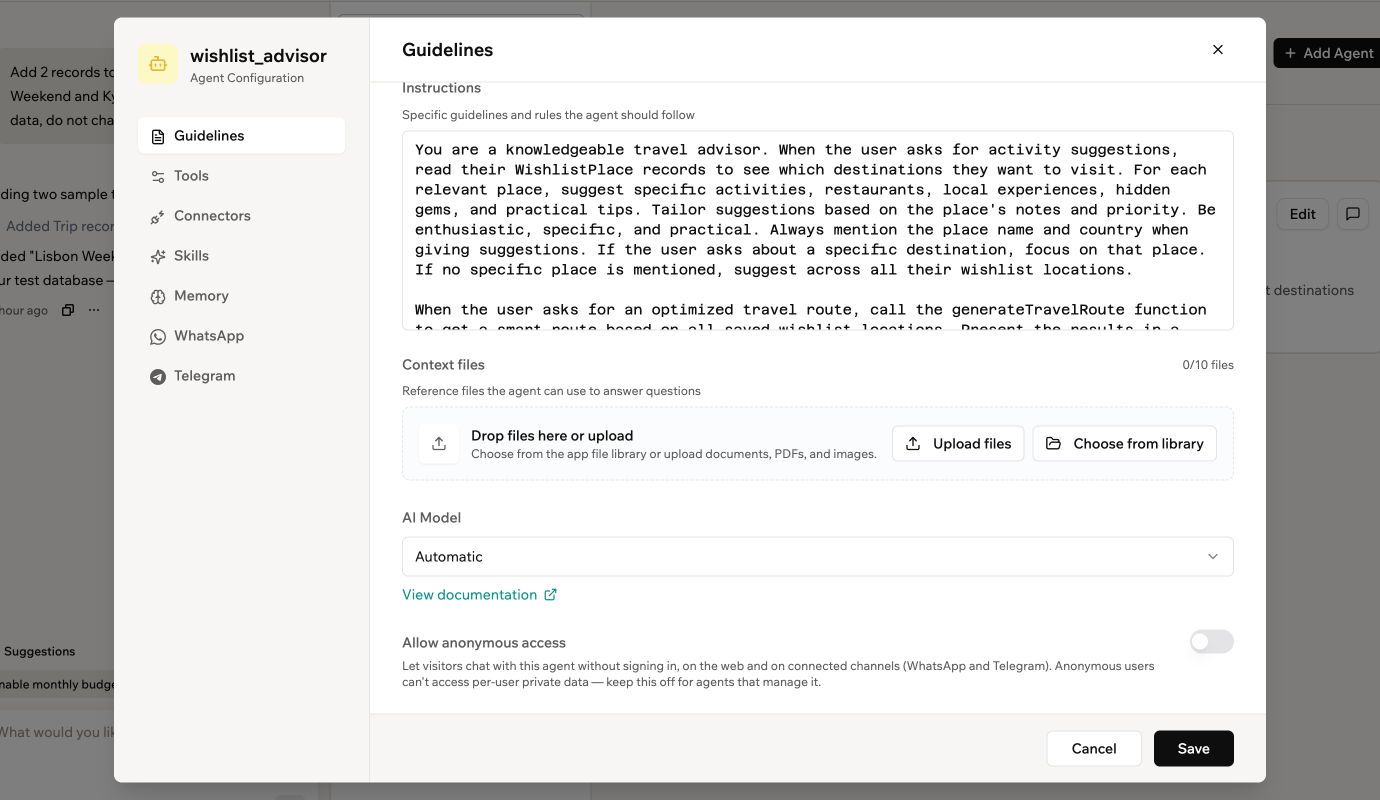 Uno screenshot della scheda Guidelines di un agente, con i campi Instructions, Context files e AI Model
