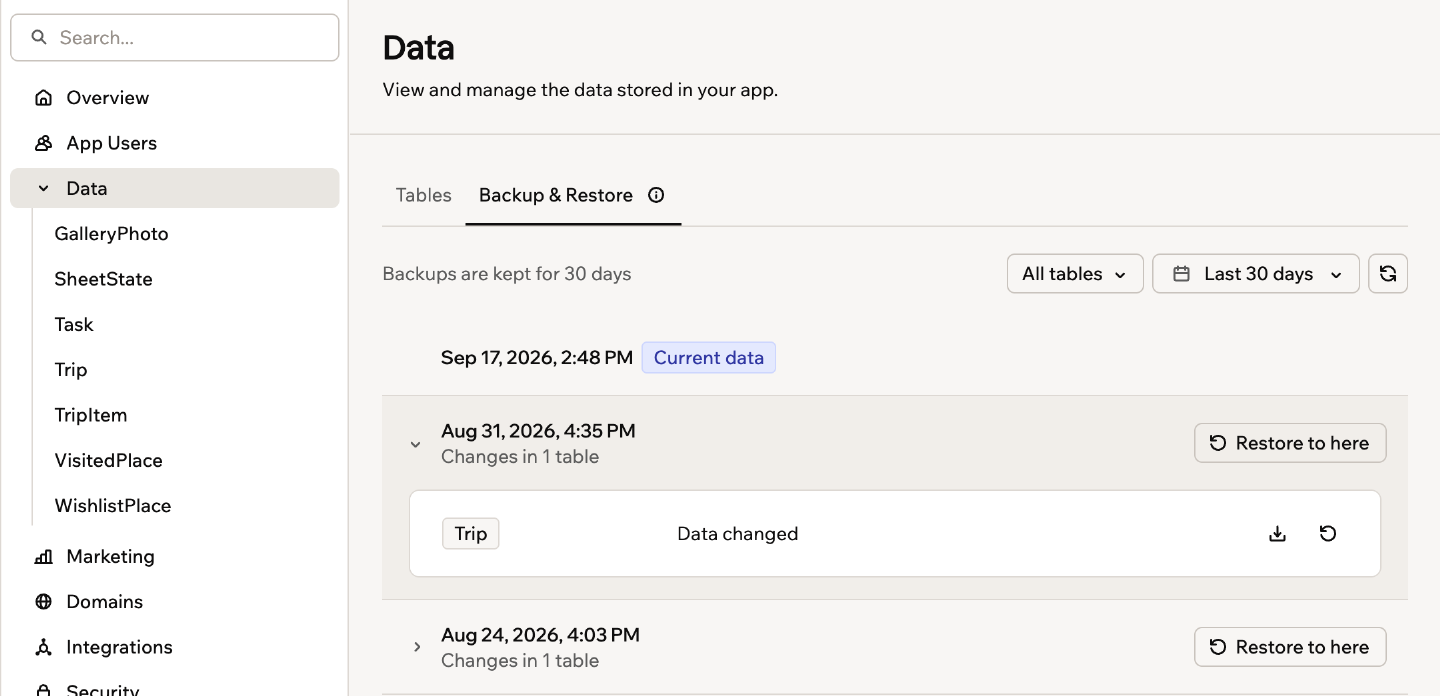 A screenshot of the Backup & Restore tab listing backups for an app