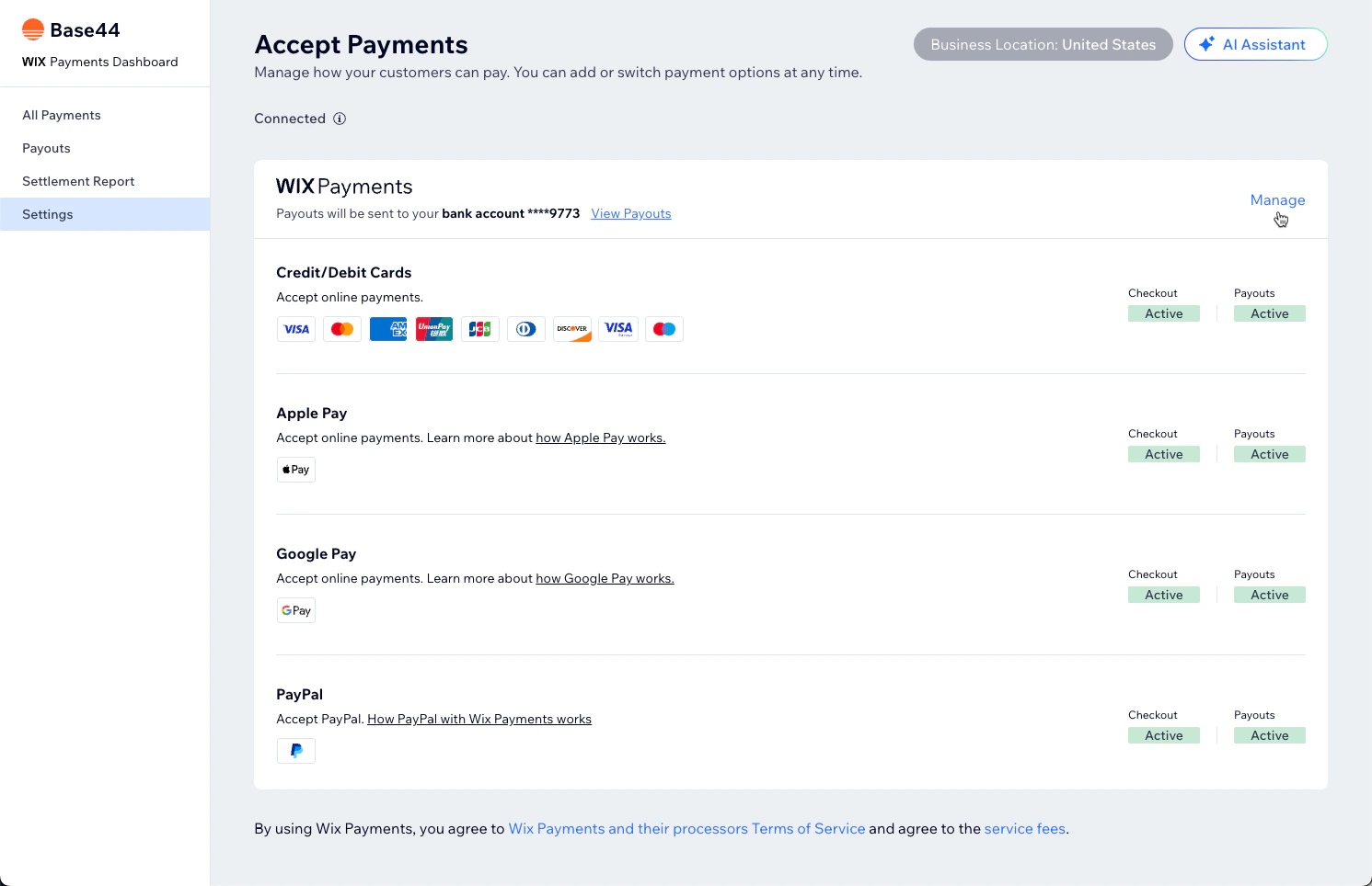 Payments dashboard Settings tab showing payment method toggles for cards, Apple Pay, Google Pay, and PayPal.