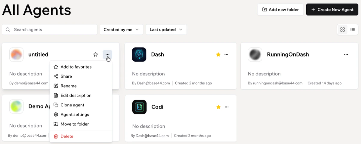 More Actions menu on a Superagent card showing options to add to favorites, share, rename, edit the description, clone, open settings, move to folder, and delete