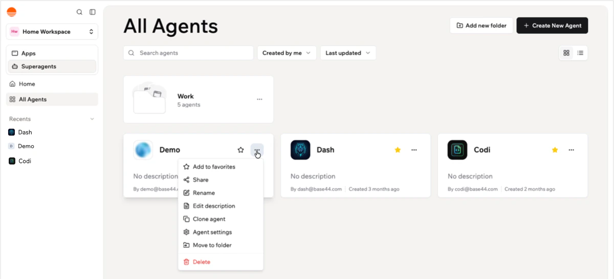 All Agents page showing a folder, Superagent cards, search, filters, and create actions