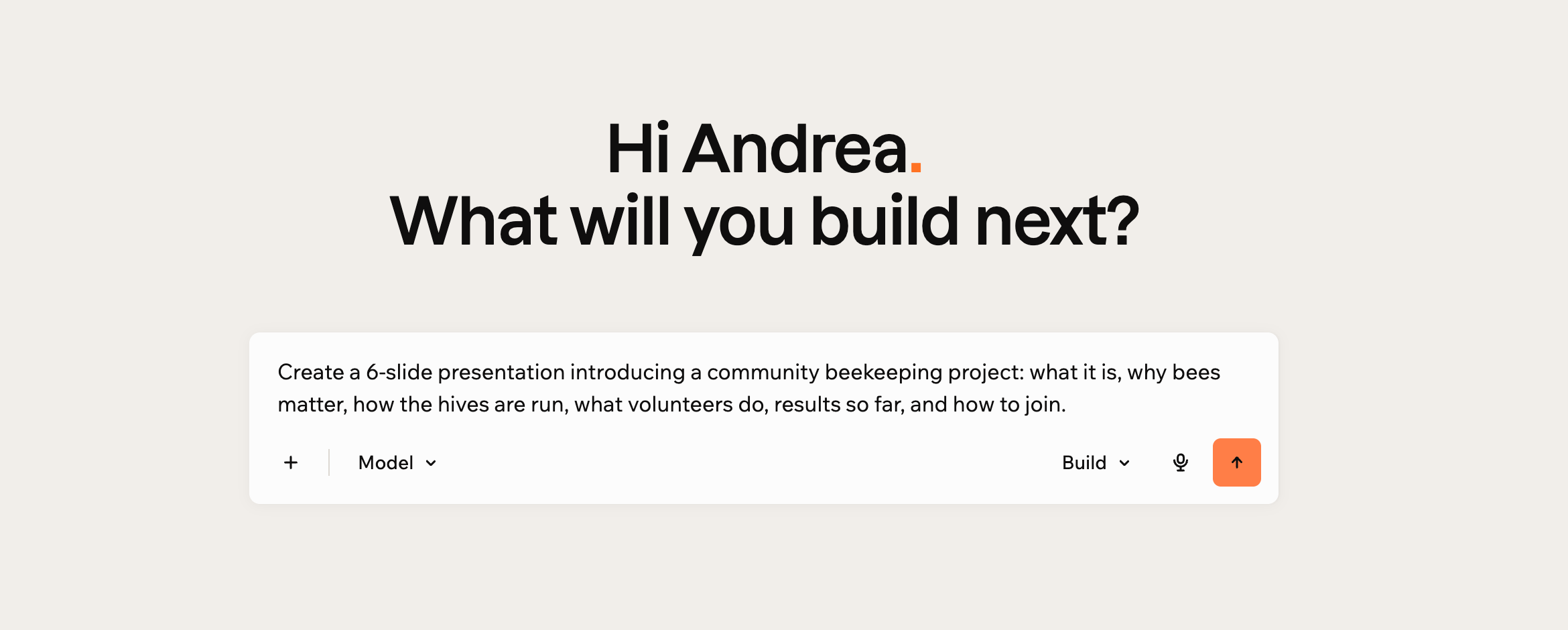 A screenshot of the Base44 home prompt box with a request for a 6-slide presentation typed into it