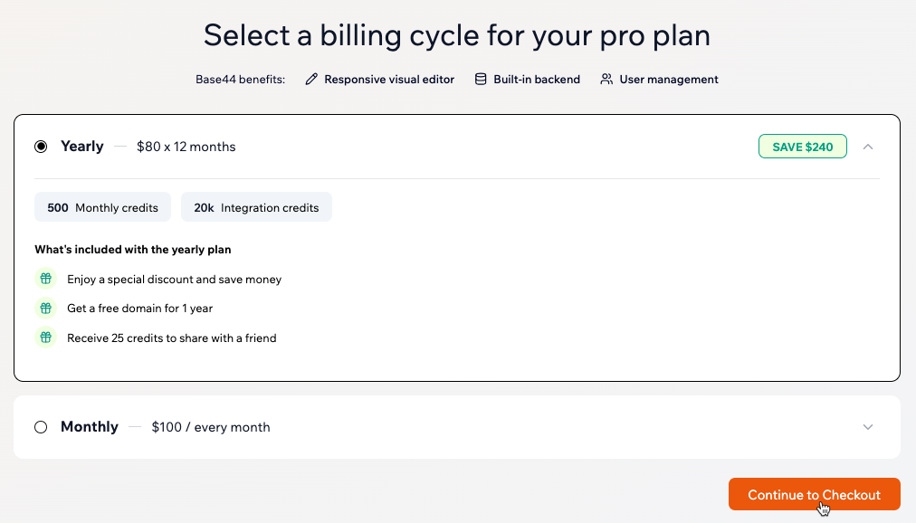 Selecting a billing cycle for your Base44 plan.