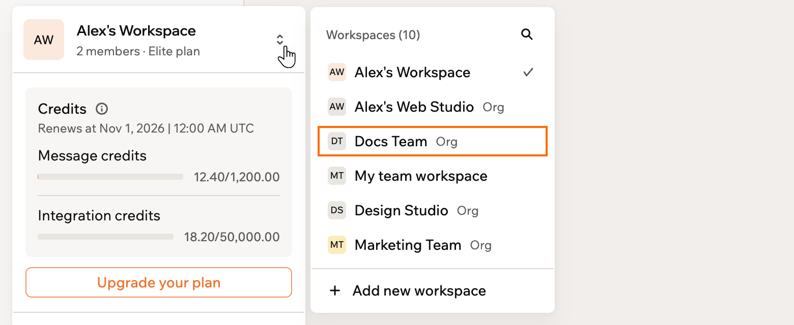 The workspace menu with an enterprise workspace outlined in the Workspaces list