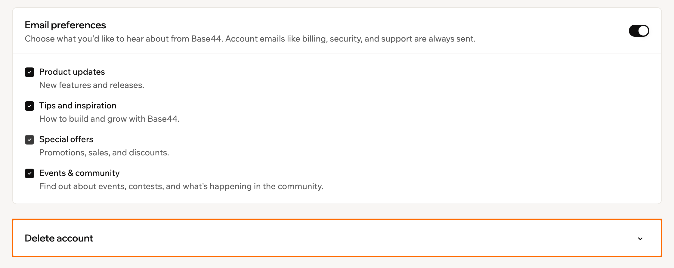 The Profile page in Account preferences with the Delete account section outlined