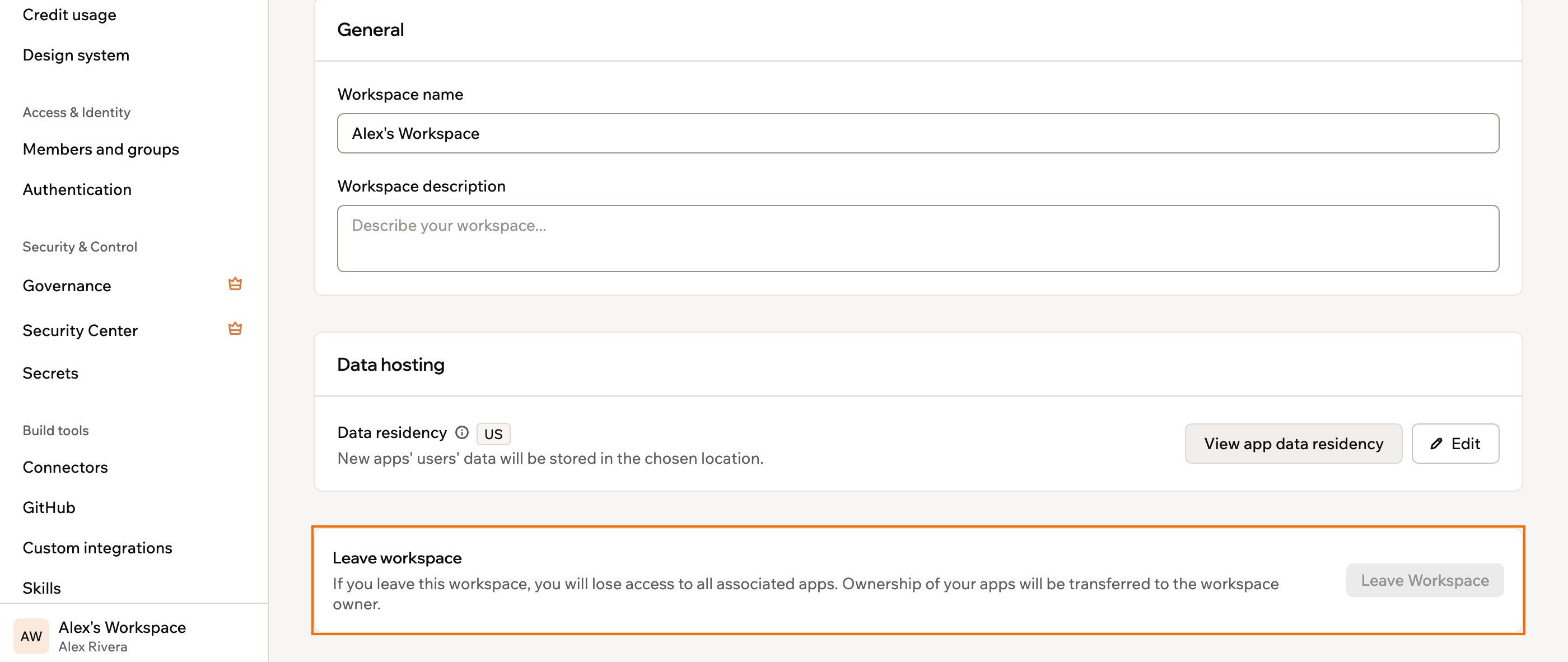 Capture d'écran de la page Overview des paramètres de l'espace de travail avec la section Leave workspace encadrée