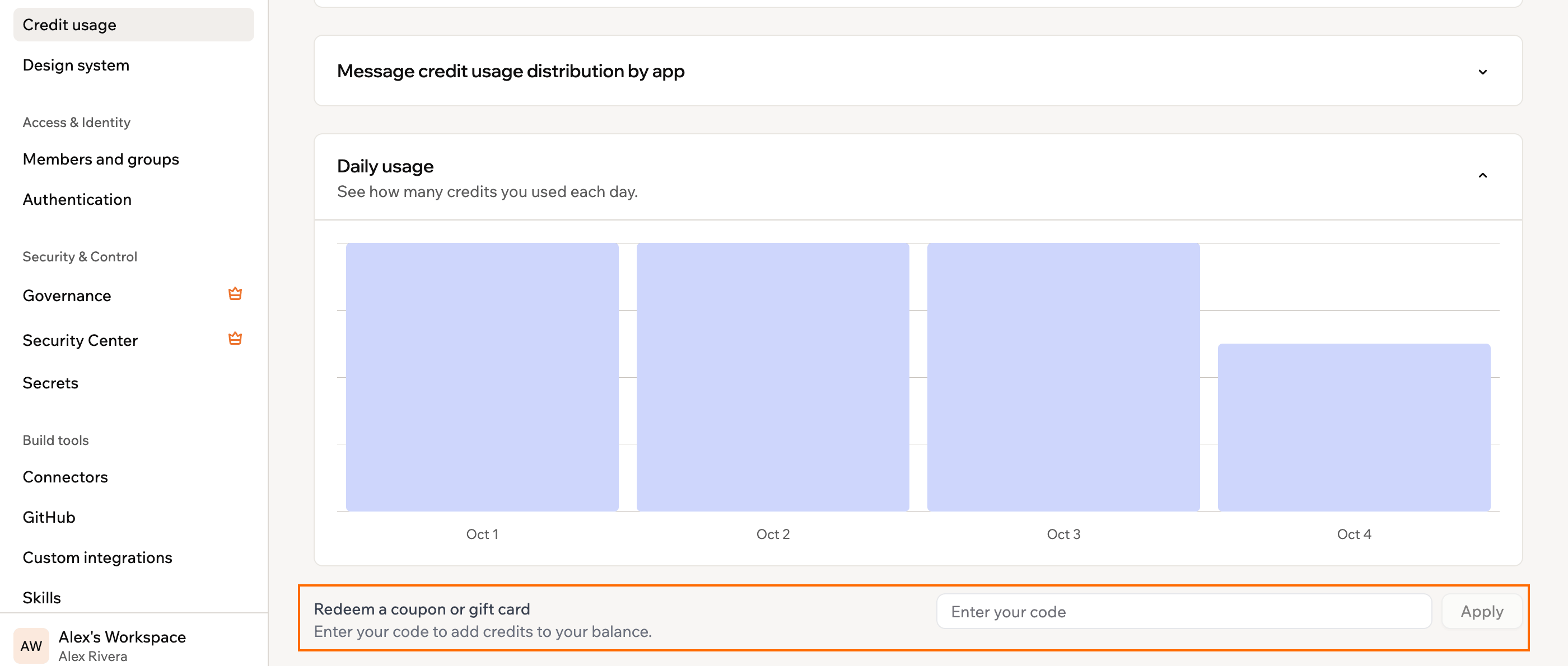 Página Credit usage nas configurações do workspace com Redeem a coupon or gift card destacado