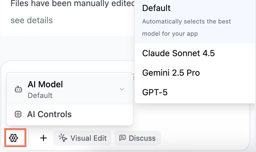 Choosing an AI model in the Base44 AI chat settings.
