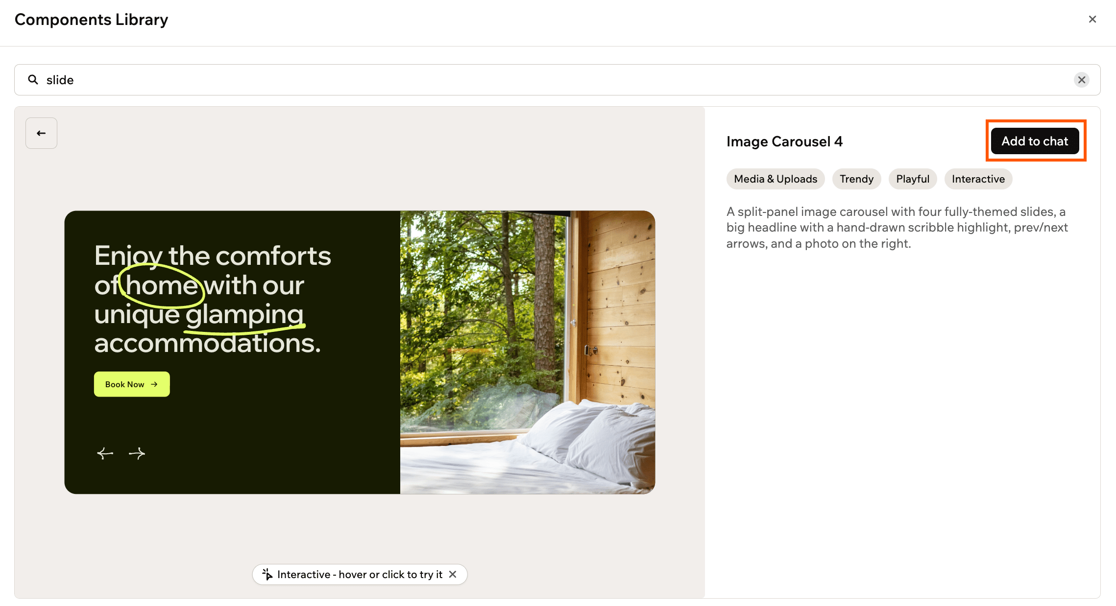 A component preview in the components library with the Add to chat button highlighted