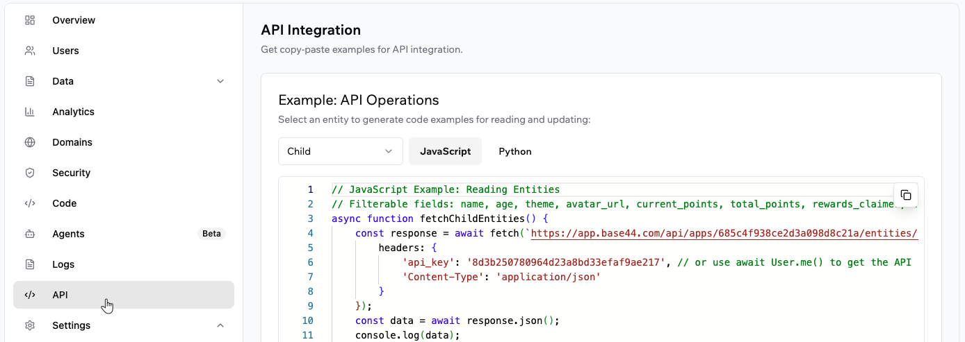 Getting code examples for data entities in Base44