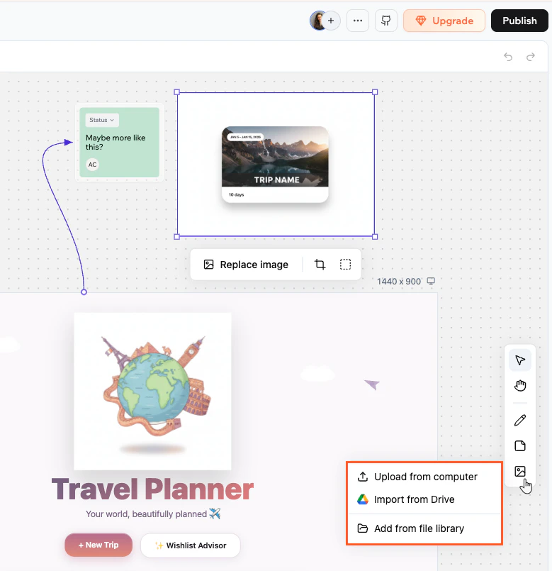 An image on the canvas showing the Replace image, Crop, and Border toolbar