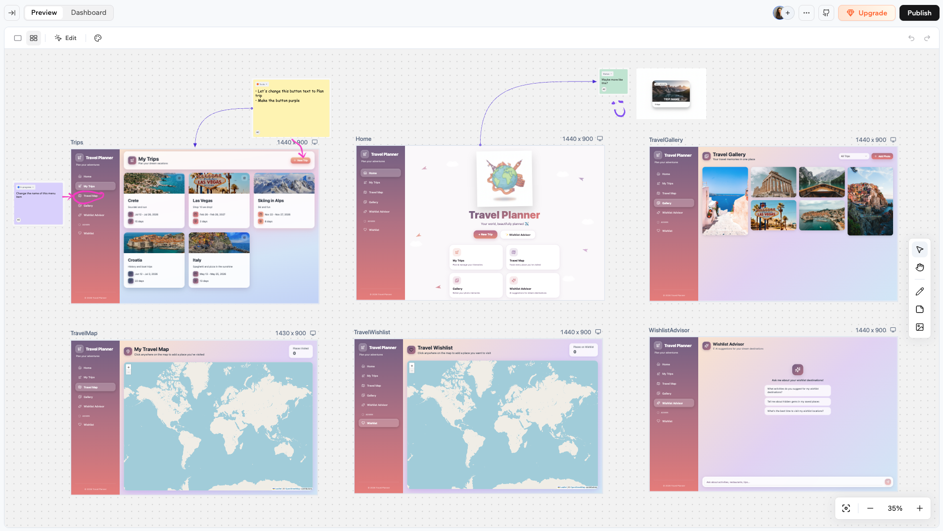 The canvas showing multiple app page frames on an infinite board