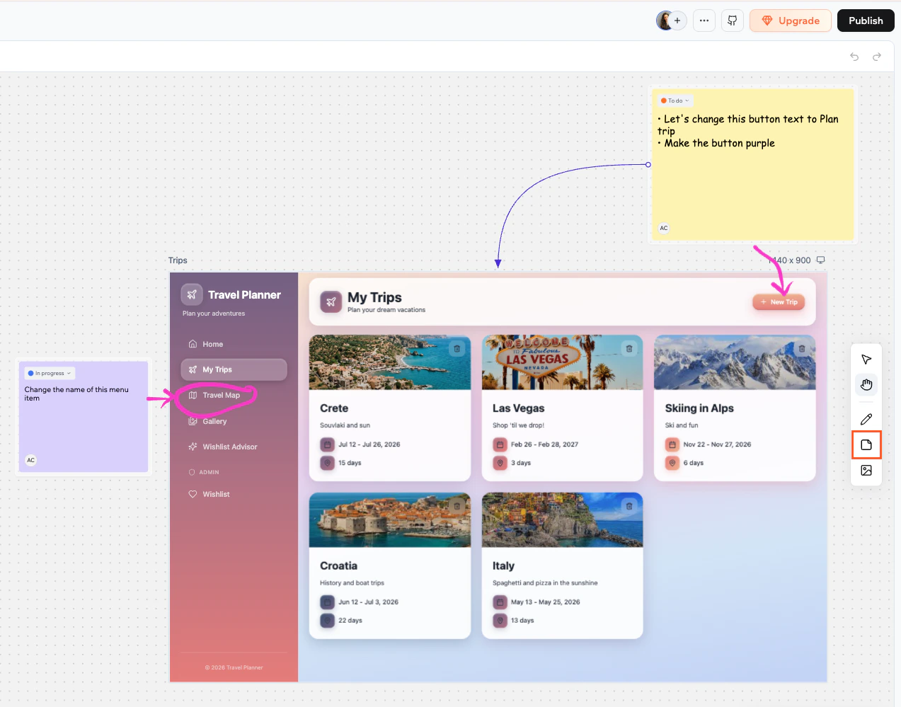 A sticky note on the canvas with status, color, and formatting options