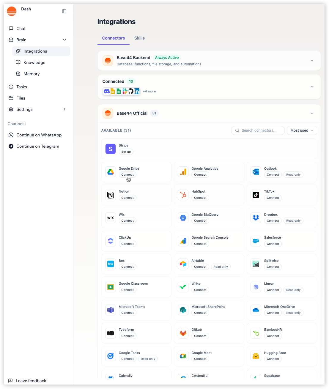 Managing integrations, connectors, and skills from the Brain section