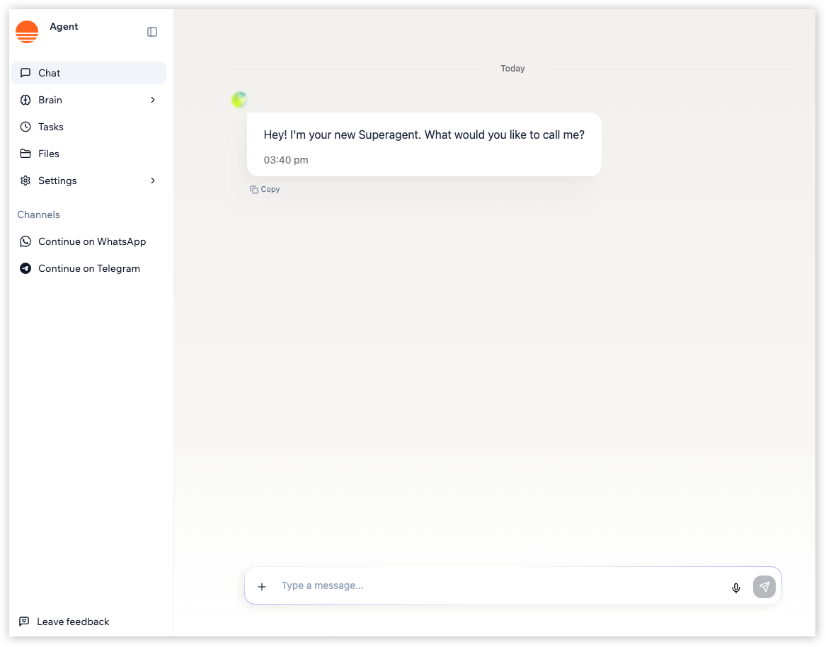A new Superagent chat asking what you would like to call it.