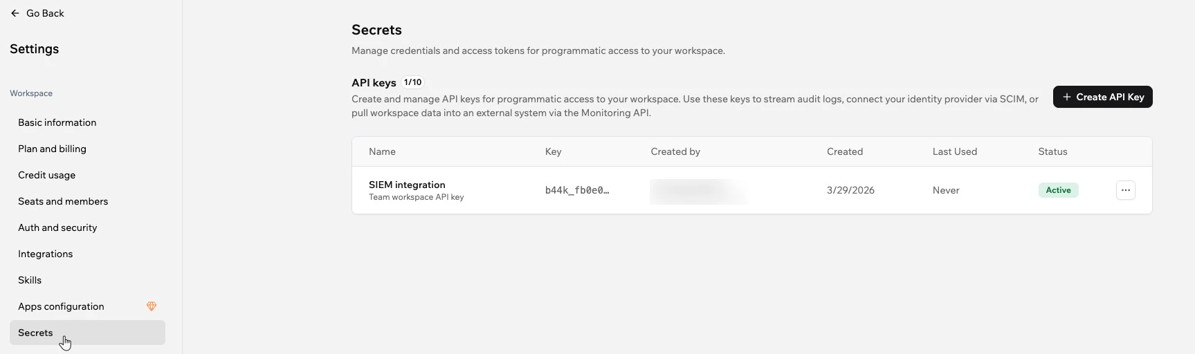 Manage credentials and access tokens for your workspace.